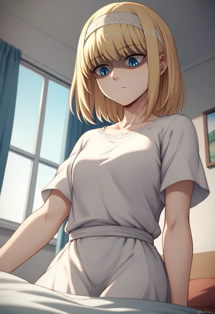 score_9, score_8_up, score_7_up, ymir fritz,1girl, solo, hairband, blonde hair, bangs, blue eyes, medium hair,shaded face,white dress, short sleeves, room, bed, giantess, from bellow, looking down
