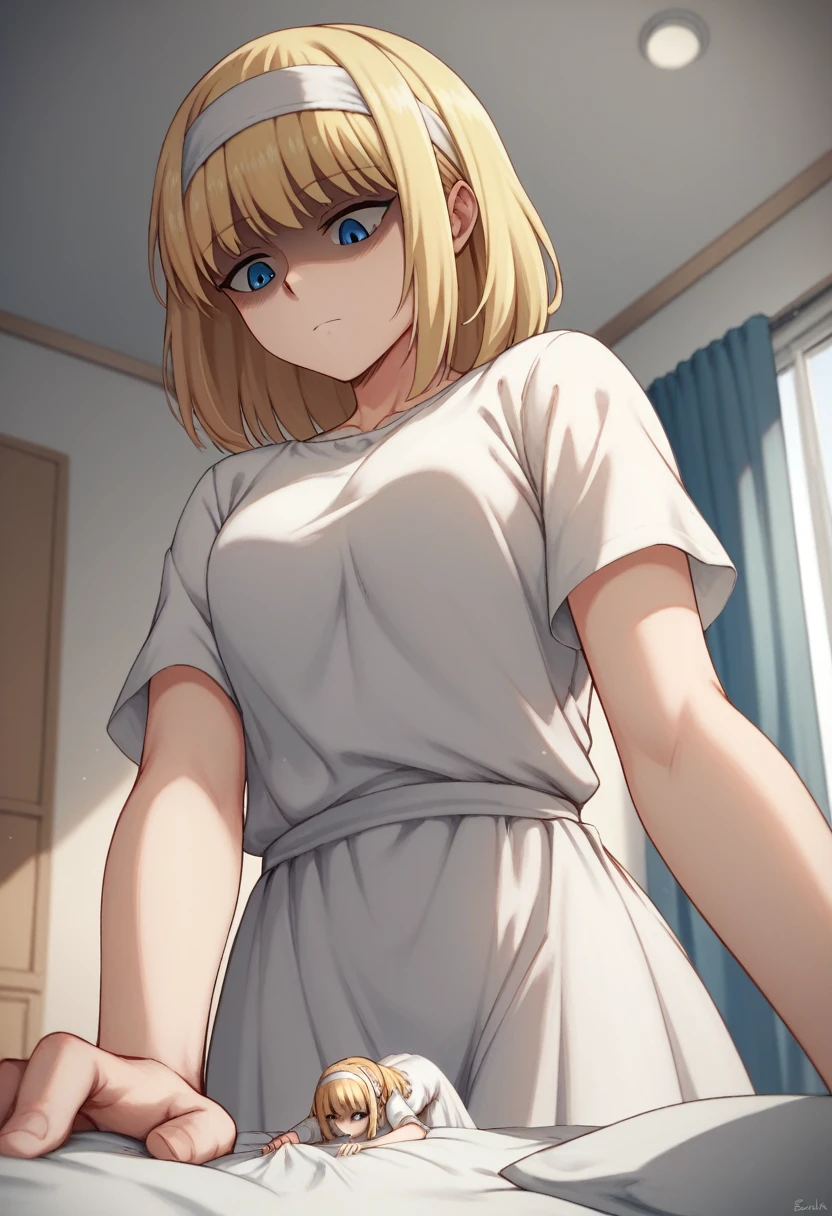 score_9, score_8_up, score_7_up, ymir fritz,1girl, solo, hairband, blonde hair, bangs, blue eyes, medium hair,shaded face,white dress, short sleeves, room, bed, giantess, from bellow, looking down, grab, grabbing