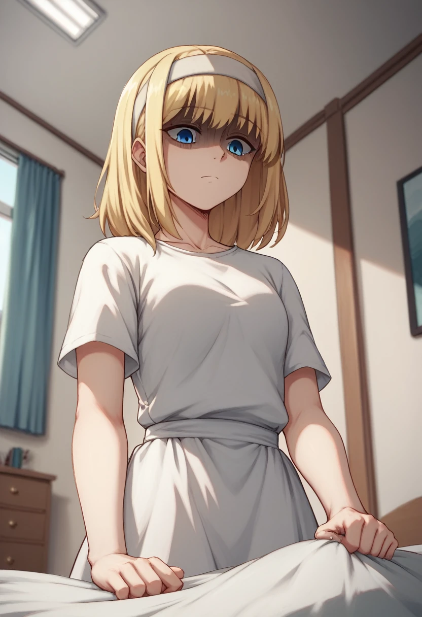 score_9, score_8_up, score_7_up, ymir fritz,1girl, solo, hairband, blonde hair, bangs, blue eyes, medium hair,shaded face,white dress, short sleeves, room, bed, giantess, from bellow, looking down, grab, grabbing