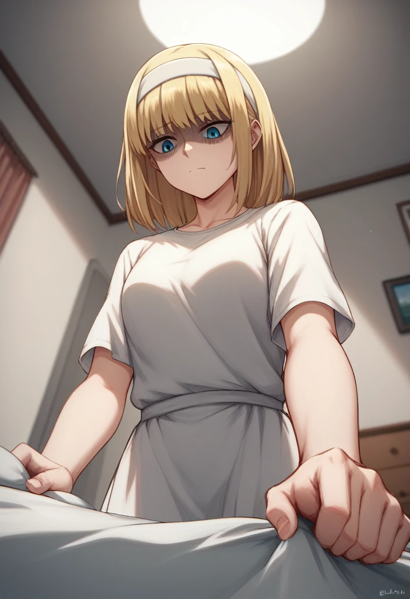 score_9, score_8_up, score_7_up, ymir fritz,1girl, solo, hairband, blonde hair, bangs, blue eyes, medium hair,shaded face,white dress, short sleeves, room, bed, giantess, from bellow, looking down, grab, grabbing