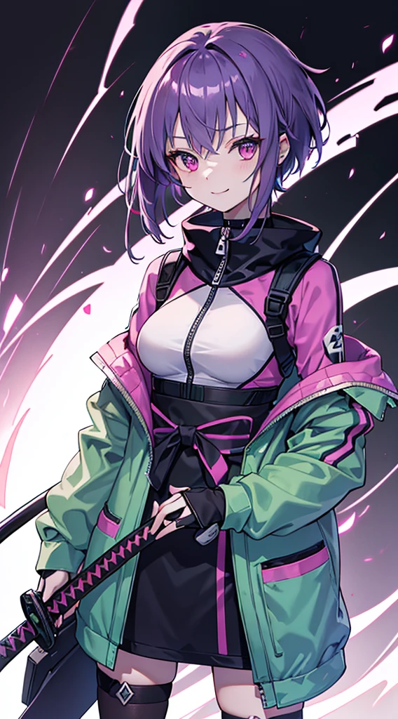 Top Quality, 8K, 4K, High Definition, Detail, (better-quality, 8K, 12), top-quality, 1 girl、only showing her face, she has purple hair, wearing a yellow pin on her right side of her hair, she has her hands together, she looking at you, she is smiling at you, medium breast, her jacket color dark gray with a pink zipper, pink eyes, showing her face and chesat, short hair long as her neck, (only showing half of her body) her jacket is loose. she is wearing earing only right ear shaped has a heart, (she holding katana) katana facing down, (katana is covering half of her face,) katana attach to her, katana on right side of her wrist, she mad, green ghost effect coming off, one white eye,