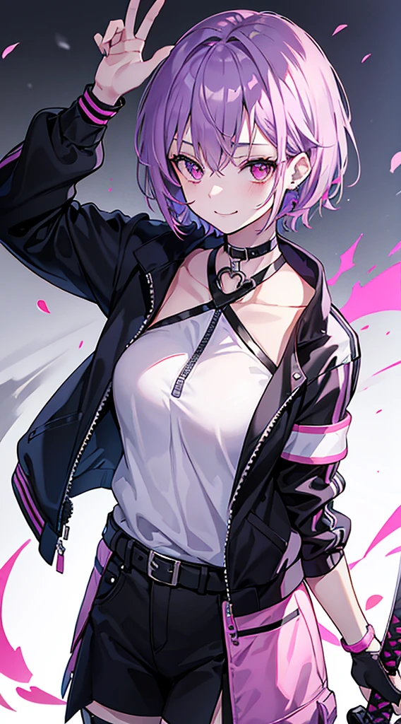 high resolution,smile,woman,woman1人,adult,cute,Medium bob hair,Pink Hair,Black inner color,Purple eyes, Pink off-shoulder top,Black shorts,Piercing,Black choker,Touching the cheek with the hand,Background white,smile,Sparkling eyes,