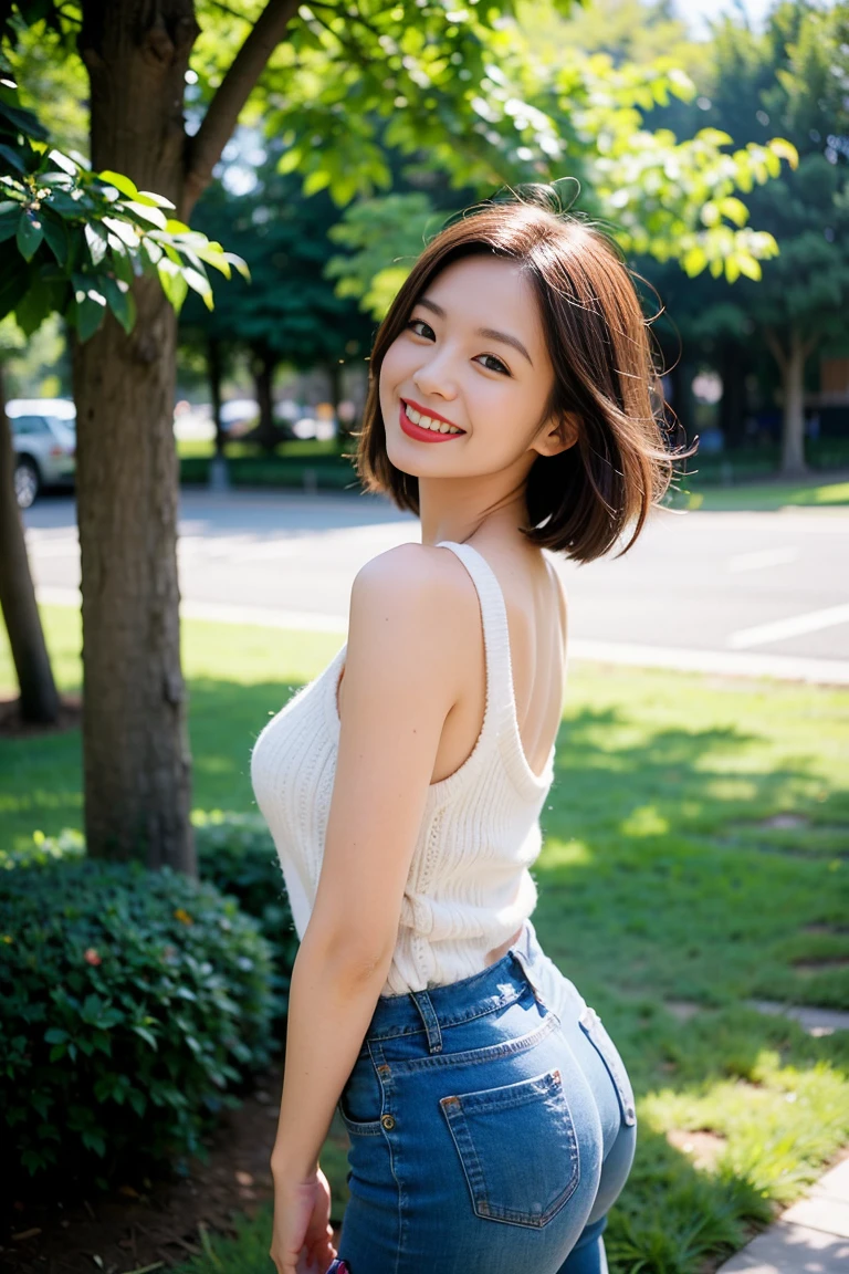 ulzzang-6500-v1.1, (RAW Photos:1.2), (Photorealistic), (Genuine:1.4), (Mastepiece), masterpiece, highest quality, Absurd, Perfect Anatomy, One girl, alone, Pascal Tales, short hair, beautiful, Hilarious, sunny day, botanical garden, Summer winds, Sundress, Floral, Straight Hair, smile, (skirt lift:1.65), Small panties、