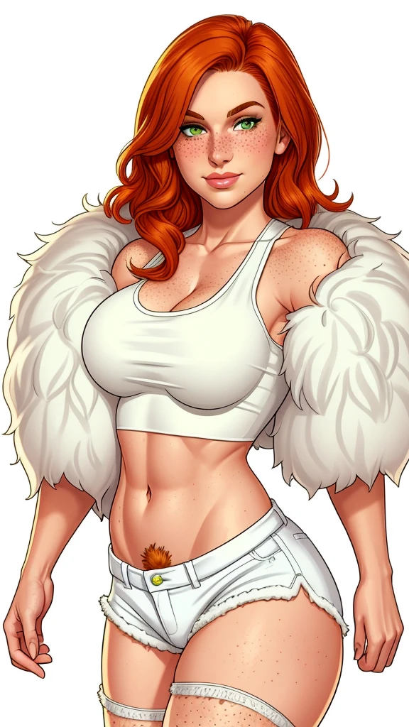 Lacy Lemon, pretty woman, ginger hair, midriff, white cloth hotpants,tank top, fur stole  short shorts, fur wrap over shoulders, freckles, large breasts,  rubenesque,

green eyes,

white background, blank background, 