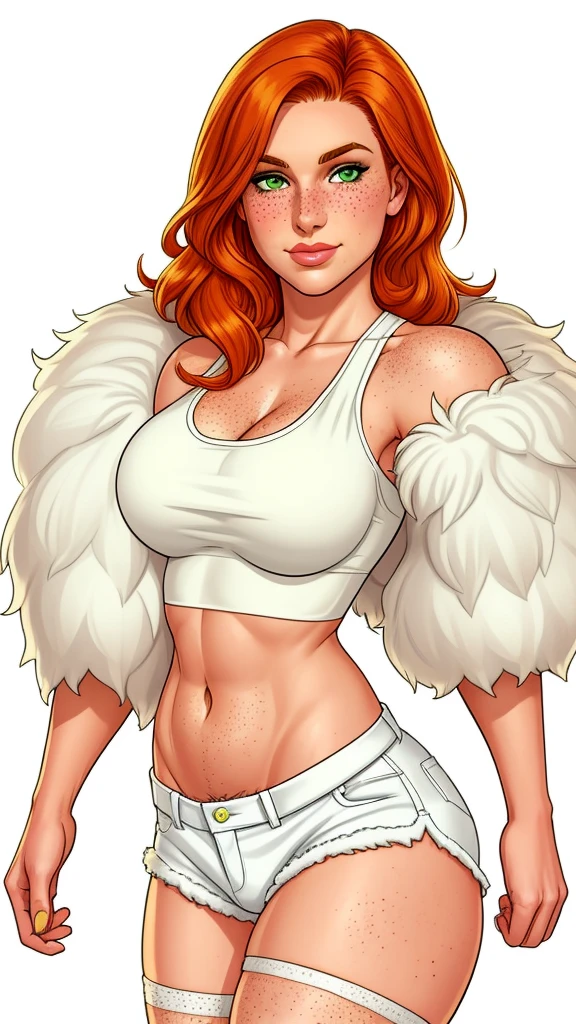 Lacy Lemon, pretty woman, ginger hair, midriff, white cloth hotpants,tank top, fur stole short shorts, fur wrap over shoulders, freckles, large breasts, rubenesque,
green eyes,
white background, blank background,