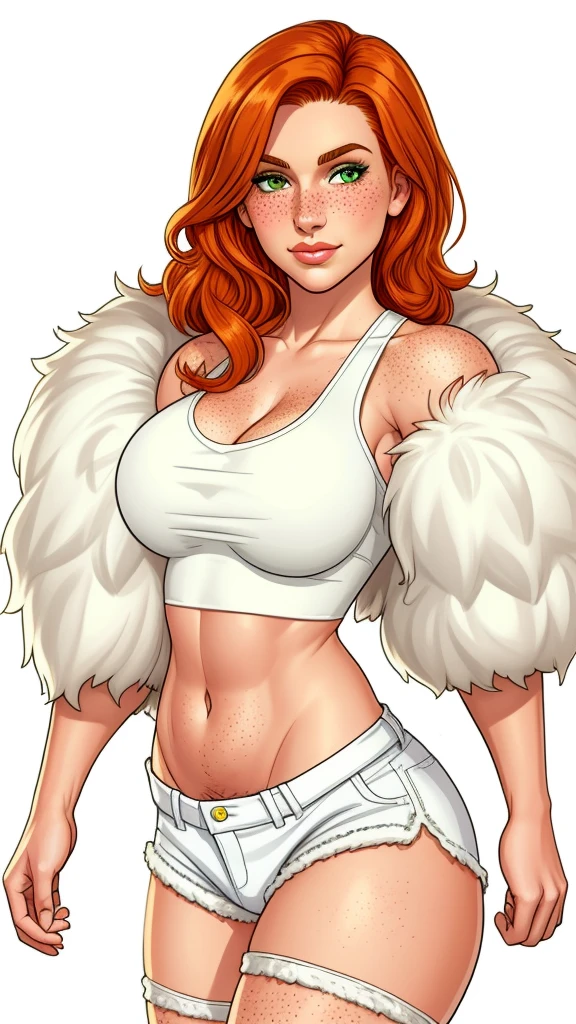 Lacy Lemon, pretty woman, ginger hair, midriff, white cloth hotapants,tank top, fur stole short shorts, fur wrap over shoulders, freckles, large breasts, covered nipples, rubenesque,
green eyes,
white background, blank background,