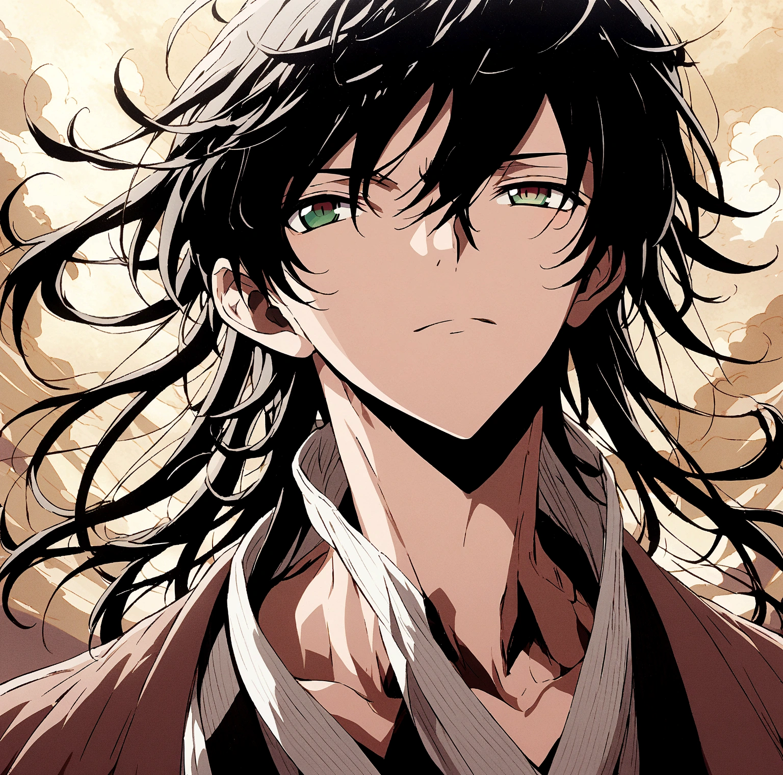 Male, tall, black hair that reaches his neck, crimson red eyes, skin. a little pale, a well-defined body and a pretty, elegant face, anime art