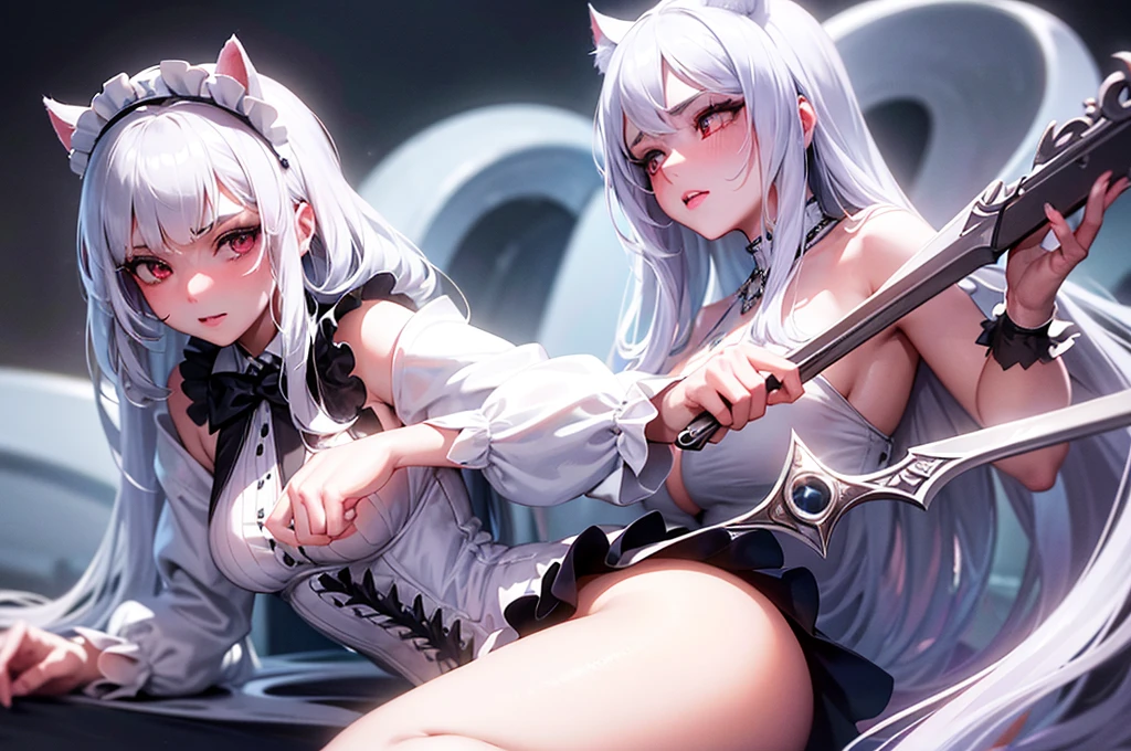 18 year old girl, beautiful and delicate eyes, beautiful lips, Highly detailed eyes and face, long eyelashes, 1girl, white cat ears, Long gray hair, Front view, maid outfit, red eyes, (best quality, 4K, 8K, high resolution, masterpiece:1.2), Ultra-detailed, (realistic, realistic, realistic, realistic: 1.37), big bust, Scythe, elegant, fantasy, soft lighting, white background,holding a weapon, tsundere girl
