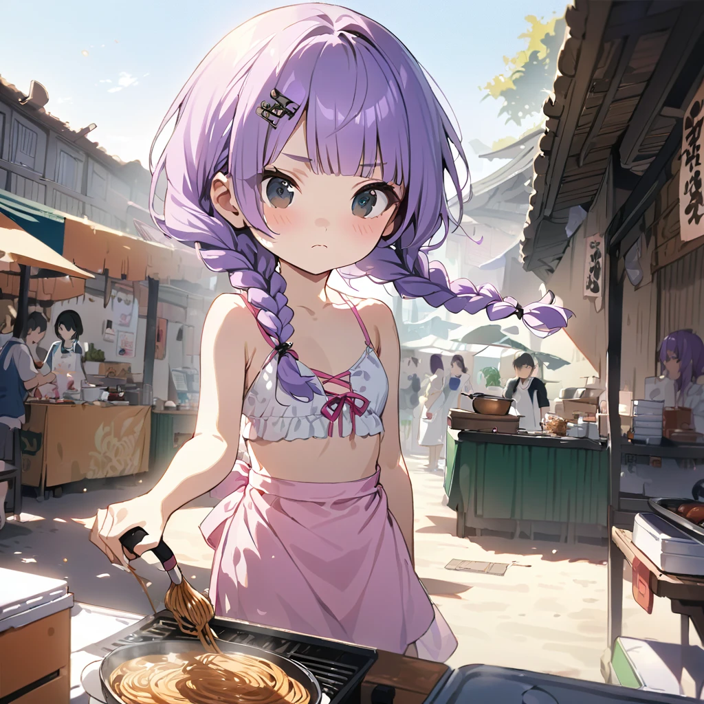 masterpiece, ultra detailed, 8K, full body shot,, a girl, kawaii, light atmosphere, (Cute a girl:1.5), (a girl with closs hair pin, pale purple hair, wavy two braids, blunt bangs hair, green and black eyes :1.4), anime visual, (tilt head:1.3), extremely delicate face, realistic lighting and shading, (an extremely delicate and beautiful art:1.3),Watercolor painting, a girl, Slender girl with small , pink bikini swimsuit, pareo, frown、She is grilling yakisoba noodles at a food stall wearing a swimsuit and an apron.