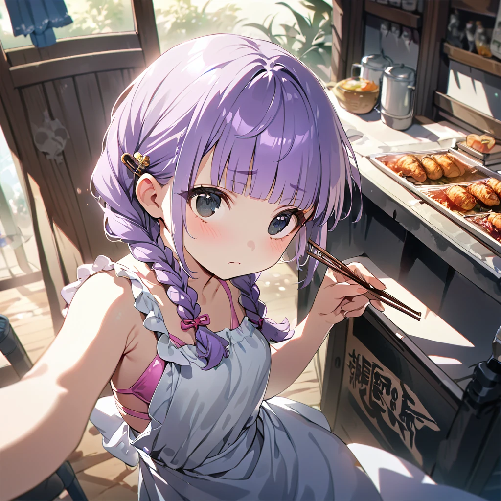 masterpiece, ultra detailed, 8K, full body shot,, a girl, kawaii, light atmosphere, (Cute a girl:1.5), (a girl with closs hair pin, pale purple hair, wavy two braids, blunt bangs hair, green and black eyes :1.4), anime visual, (tilt head:1.3), extremely delicate face, realistic lighting and shading, (an extremely delicate and beautiful art:1.3),Watercolor painting, a girl, Slender girl with small breasts, pink bikini swimsuit, pareo, frown、She is grilling yakisoba noodles at a food stall wearing a swimsuit and an apron.