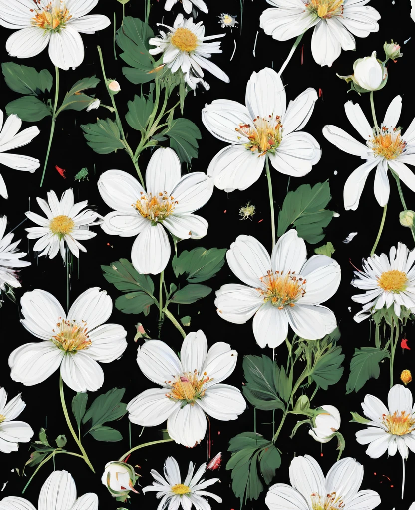 Graffiti, scribble, Comics by Petra Cortright, best quality, masterpiece, white flower artwork, Representative work, official art, Professional, Ultra intricate detailed, 8k, white flowers art, black background