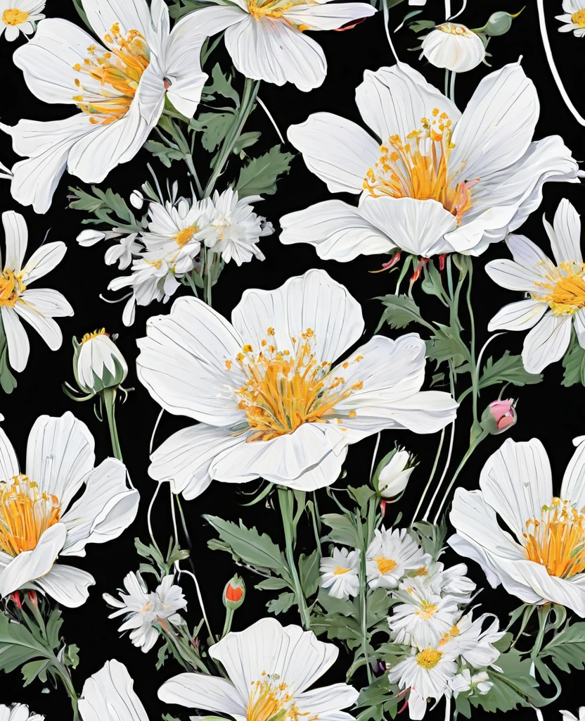 Graffiti, scribble, Comics by Petra Cortright, best quality, masterpiece, white flower artwork, Representative work, official art, Professional, Ultra intricate detailed, 8k, white flowers art, black background