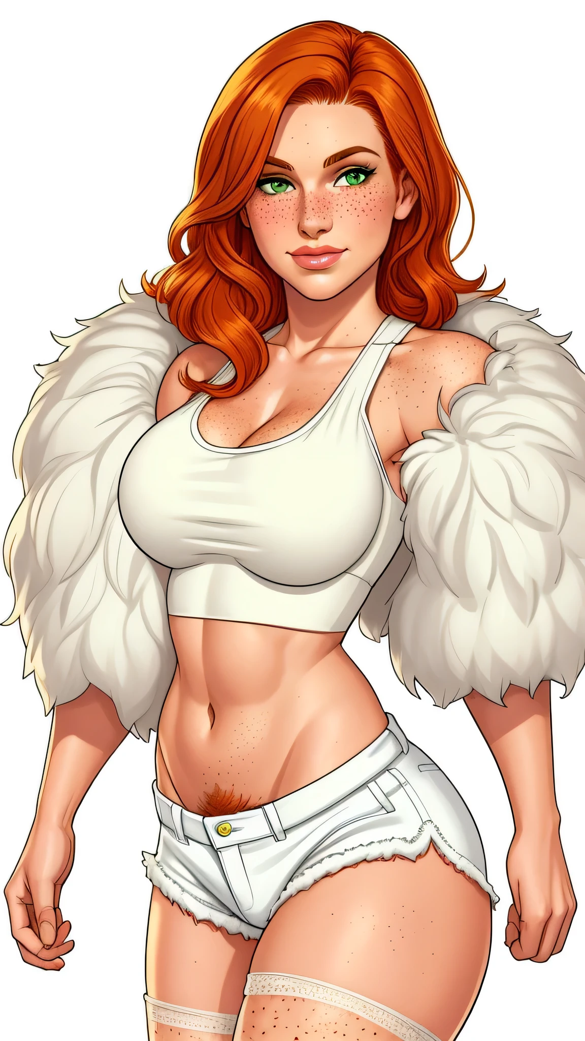 Lacy Lemon, pretty woman, ginger hair, midriff, white cloth hotpants,tank top, fur stole  short shorts, fur wrap over shoulders, freckles, large breasts,  rubenesque,

green eyes,

white background, blank background, 