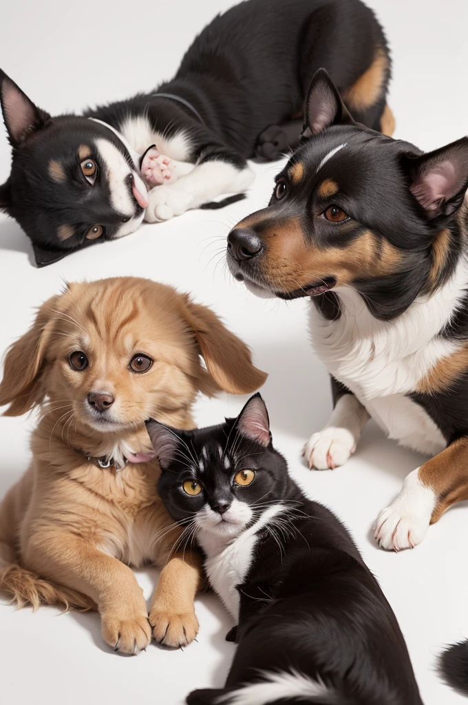 Dogs and cat lying down on white background