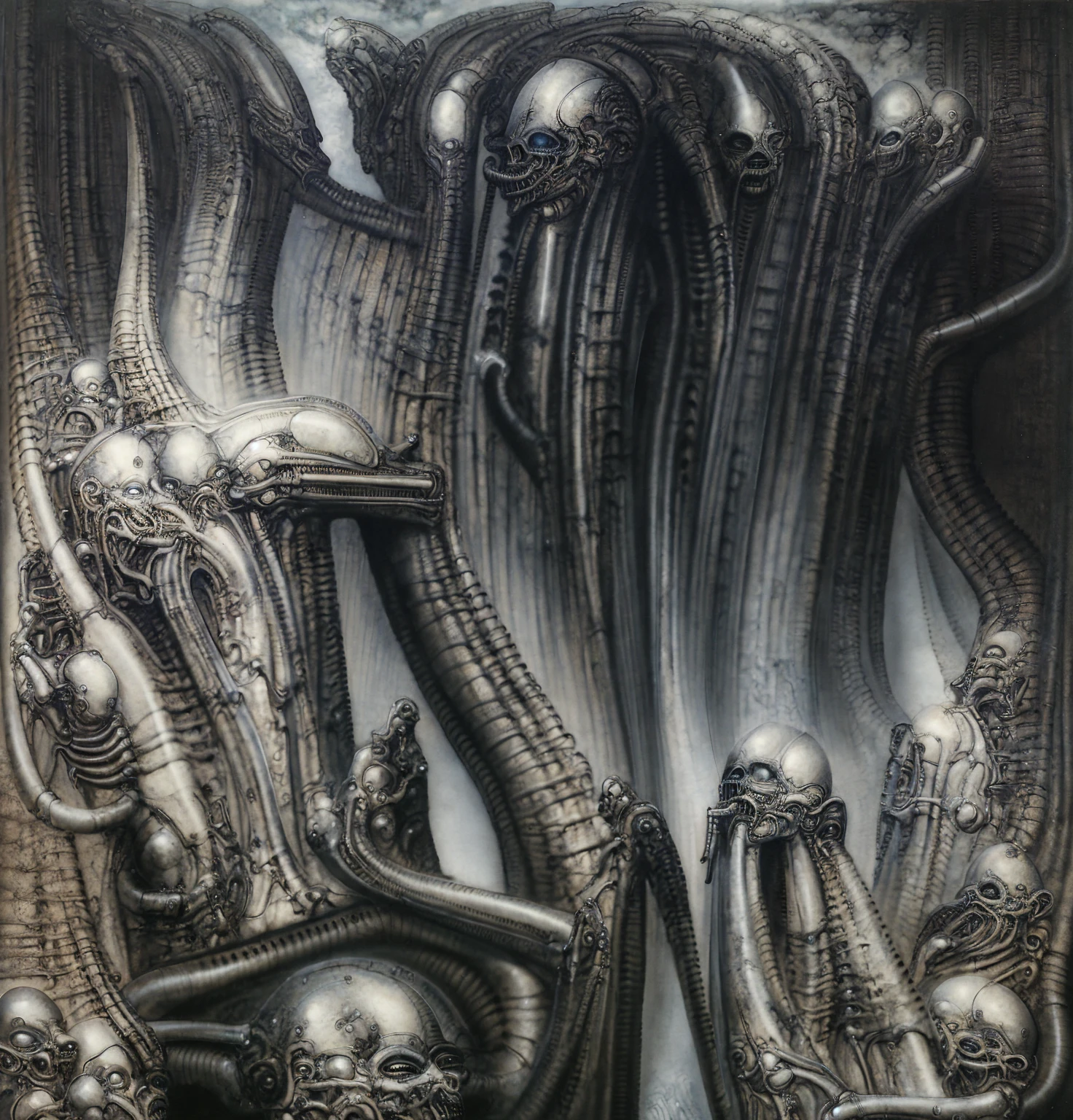 Giger_style, The image is a detailed view of H.R. Giger's \" Landscape XVI \" plate, featuring a complex network of bones and organs in a purple-brown hue ,swirling gray and brown colors. The artwork is silver and purplish brown, with an ivory bones prominently displayed. The image is highly detailed and intricate, almost like a 3d version of a medical sketch.
The piece is a tableau, Giger_style, A painting of (biological style scenery), (neoplasticism:liminal void:0.1),a landscape under nebulous sky, dieselpunk biological living, colossal,mechano-organic, infestations over beomesurreal biomechanical landscape, , robotics cross sections, ((perspective)), h r giger's city,giger_style, by (hariton pushwagner:h.r. giger:0.6), detailed innards,(((cleen colors palette,saturated, silver crimson and gold, intoxicatingly blue and understand grey))), (process art:deconstructivism), allegory of sin,infinitely detailed ultrafine and contrast organic textures,big painting,, medium: airbrush, biomech, aerial view yoji shinkawa, award winning on artforum, (( high contrast)), trend on quality of details,colorized: vibrant  colors, incredibly detailed and hyper-detailed, masterpiece
