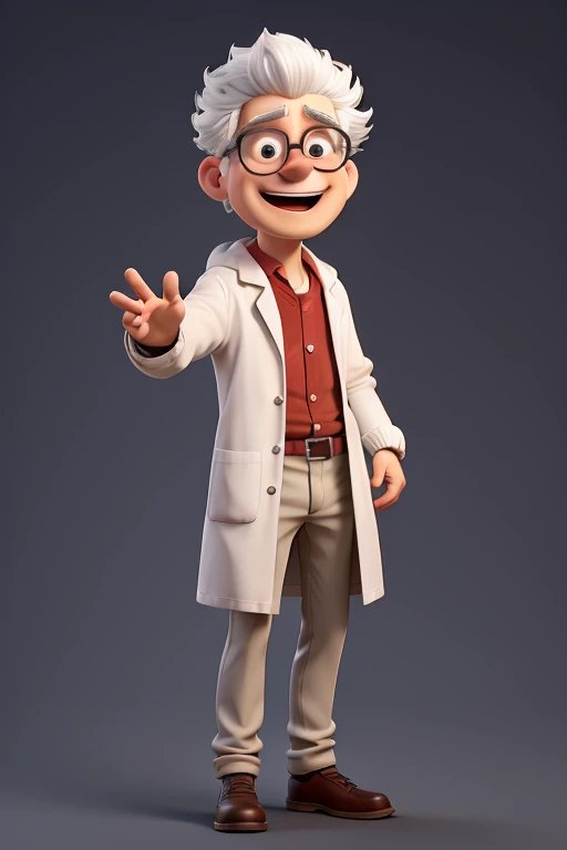 1 mad scientist, with white hair, white labcoat, full body and gesturing explaining a subject. each position, a gesturing position of the character following the specifications