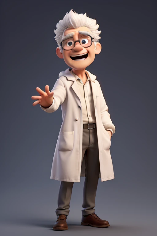 1 mad scientist, with white hair, white labcoat, full body and gesturing explaining a subject. each position, a gesturing position of the character following the specifications