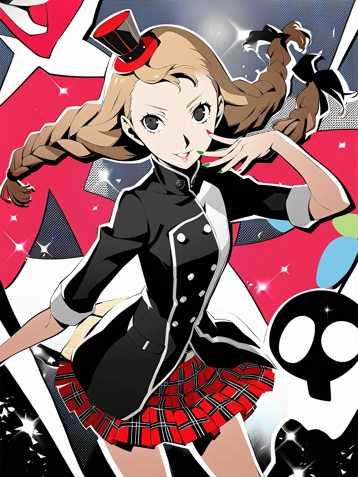 beautiful idol girl, long braids, light brown hair, black eyes, shujin academy, skirt, teen, Persona5 character, Taiga Asaki chef-d&#39;œuvre, meilleure qualité, pose dynamic, pretty