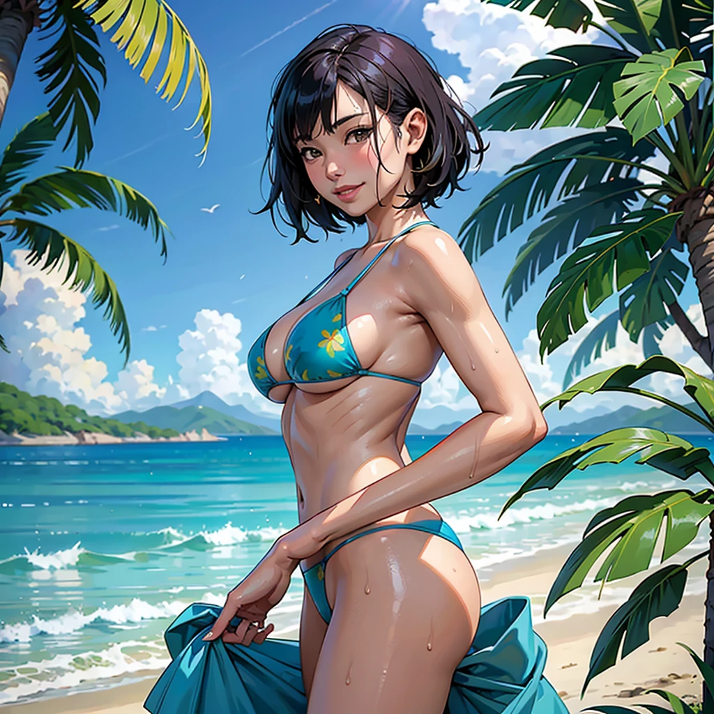 ((highest quality, masterpiece, High resolution)), ((reality)),Photos of beautiful Japanese women,((anime art))、 (((1 girl))), normal size breasts, slim body shape, medium short hair, double eyelid, Wet see-through micro bikini, A pareo with bold ethnic patterns and plenty of primary colors、realistic skin、Wet,whole body,cinematic light、tropical、Against the background of palm trees on both sides、on a sunny beach、With the sea in the background、blur background、smile