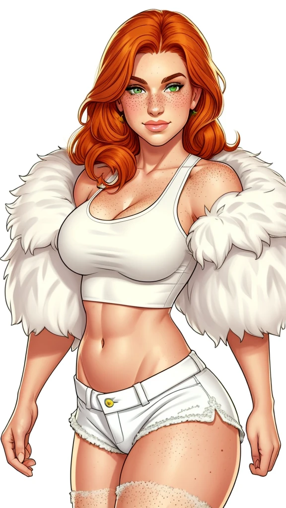 Lacy Lemon, pretty woman, ginger hair, midriff, white cloth hotpants,tank top, fur stole  short shorts, fur wrap over shoulders, freckles, large breasts,  rubenesque,

green eyes,

white background, blank background, 