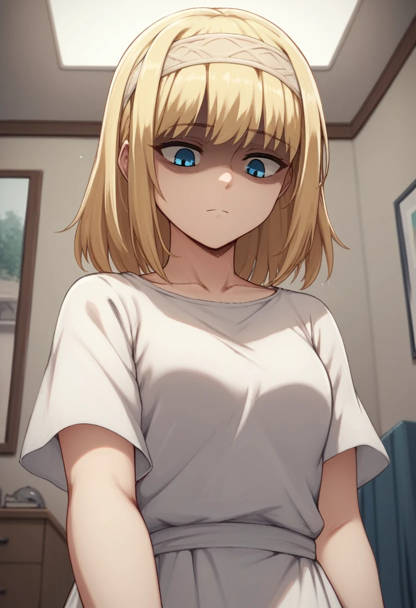 score_9, score_8_up, score_7_up, ymir fritz,1girl, solo, hairband, blonde hair, bangs, blue eyes, medium hair,shaded face,white dress, short sleeves, room, giantess, from bellow, looking down, grab, grabbing
