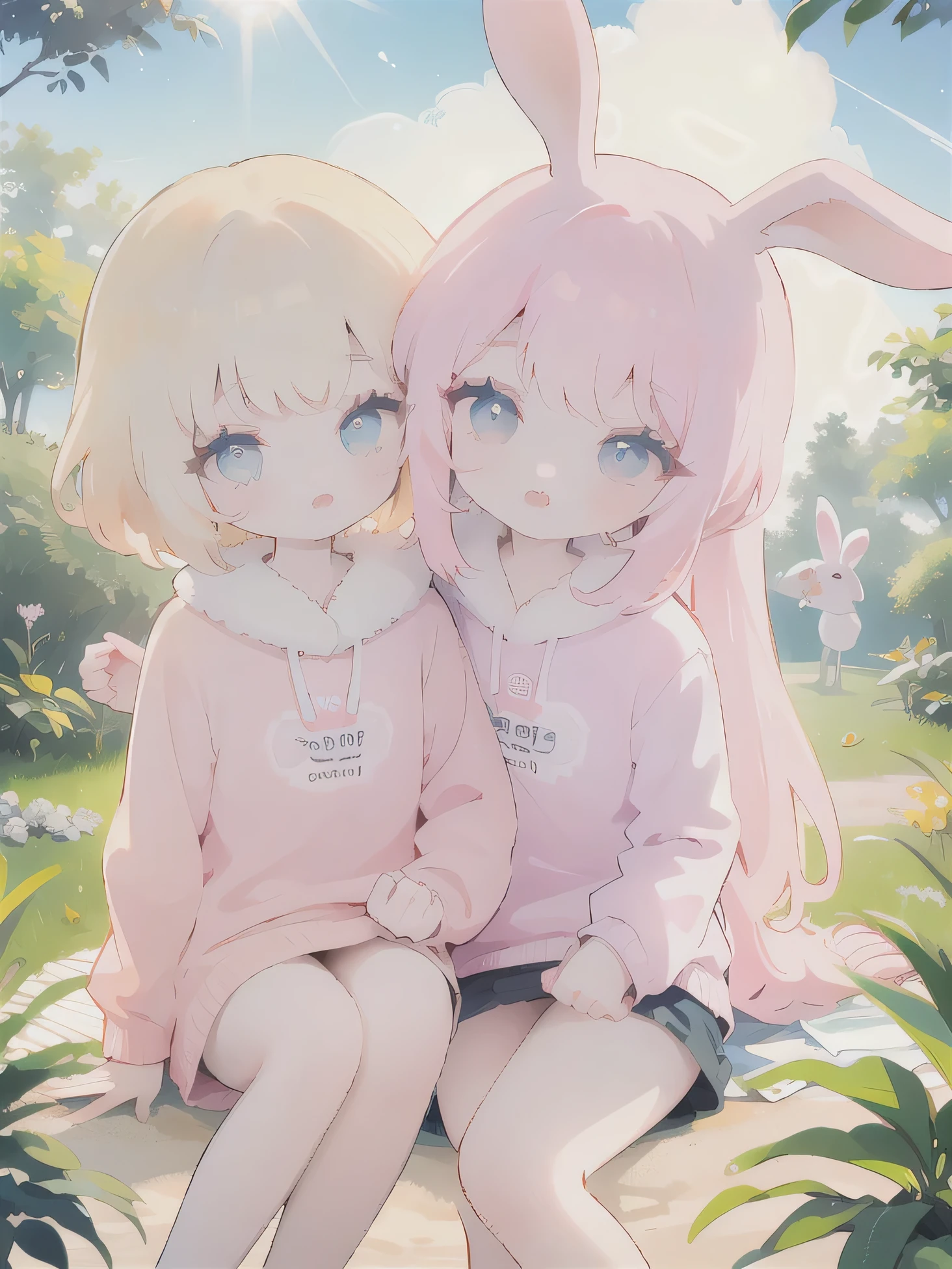 (high quality) (best quality) (a woman) (correct physiognomy) (perfect students) (perfect eyes) anime woman, deep pink long and fluffy hair pink, two rabbit ears coming out of her head, blue eyes, lips sensitive, feminine appearance, soft facial features, thin eyebrows, soft skin, rosy cheeks, pink lips, silky eyelashes, dreamy expression, middle age, youthful clothing, print sweatshirt, photo illuminated by sunlight, Woman sitting on forest.
