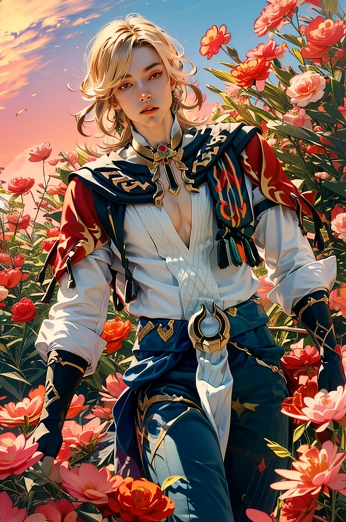 1 adult male solo, blond hair, red eyes, kaveh genshin impact, white top, red and black embroidered details, golden accessories, dark pants, fingerless gloves, feather hair ornament, shiny eyes (masterpiece),((top-quality)),(offcial art),(Beautiful and indulgent:1.2),(1manin:1.3),Detailed drawing。Vibrant colors。colourfull、highestdetailed ((ultra-detailliert)),(Highly detailed 2D illustrations),((Extremely delicate and beautiful))Super Detail,atmosphric perspective,dust particle, iridescent, glowing, surrounded by dark red lily flowers, (((walking on a flower field at sunrise, pink sunrise light many flowers around, soft clouds in the sky, dreamy soft light)))