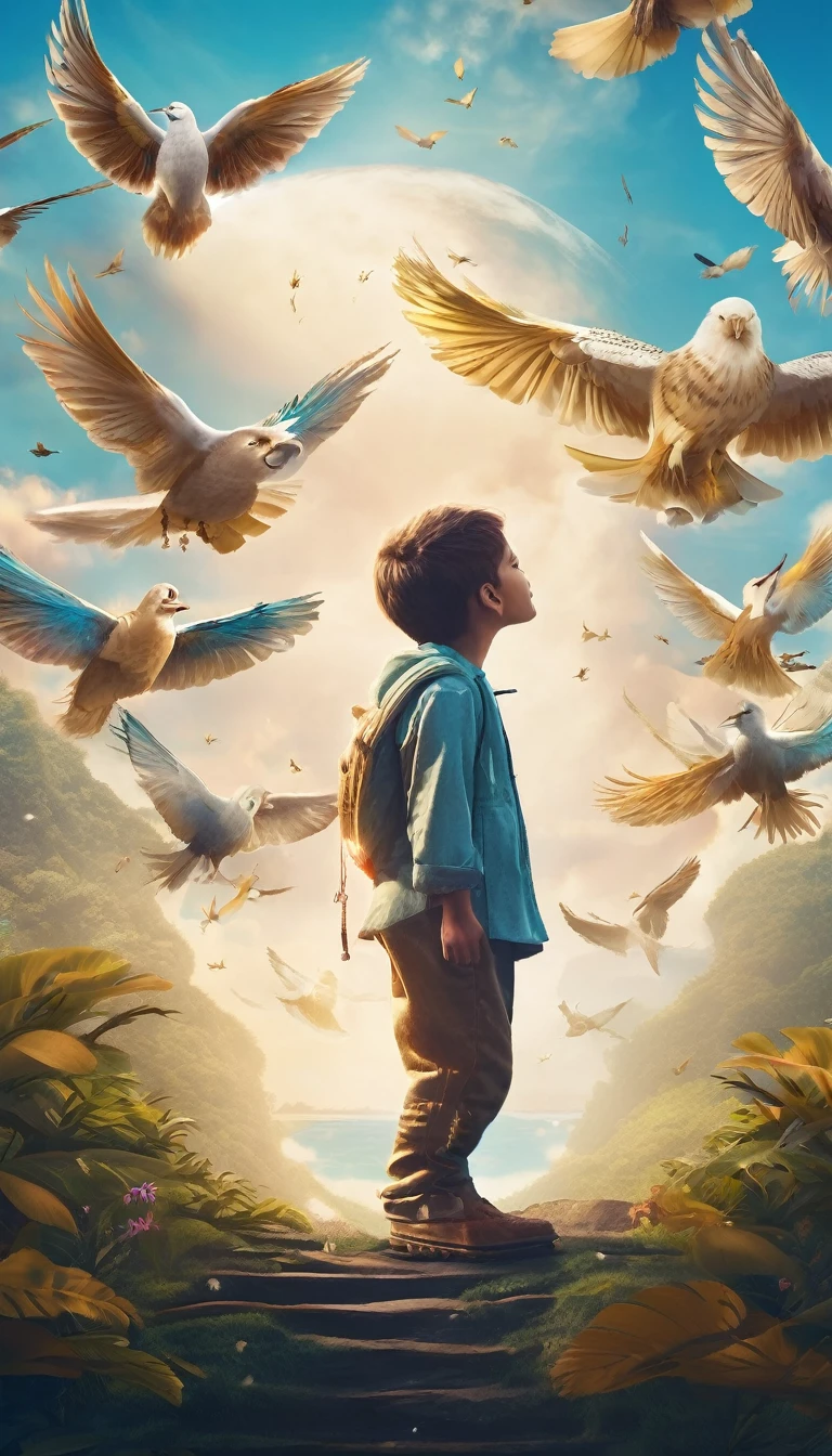 Create a professional, fantastic, cinematic dream-like Youtube Banner for a brand about music, stories, fantasy and dreams called " Penamemoria". Masterpiece, 4k, sharp focus, highest quality,wide shot. The title is " Penamemoria". Is a brand about the creative, unique journey of a boy into becoming a musician storyteller. In his journey he finds inspiration in a world of birds and feathers. Minimalistic, simple, poetic, dreamy logotype at the center of the image. The Background image is a world full of fantastic feathers, unique birds, light blue sky, soft white and light golden. Logo design of a face of a boy and a face of a feather