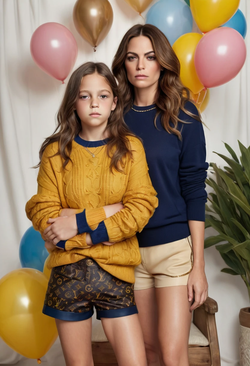 A real photograph of a 45-year-old woman, with sagging breasts, a curvy body and layered wavy brown hair falling in front, standing next to her 11-year-old daughter. Angry, the 45-year-old woman wears a luxurious black and gold Louis Vuitton sweater, navy blue mini shorts with tears, she looks beautiful, her daughter wears a mustard Gucci sweater. Her almond-shaped eyes shine, a children's party background, full of sex and depravity with colorful balloons. The two look at the photographer, hyperreal, better photography, photorealistic, lifting their shirt.