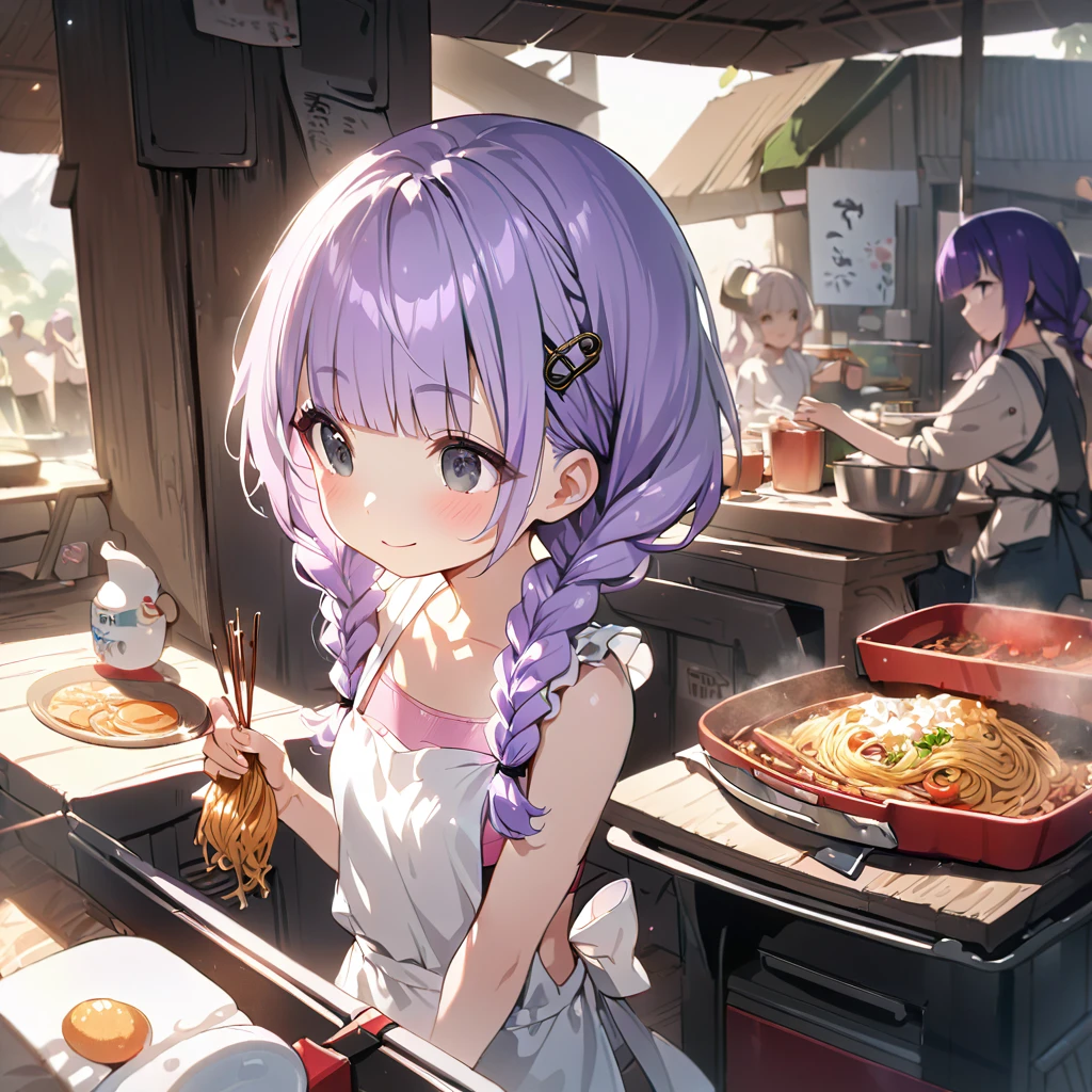 masterpiece, ultra detailed, 8K, full body shot,, a girl, kawaii, light atmosphere, (Cute a girl:1.5), (a girl with closs hair pin, pale purple hair, wavy two braids, blunt bangs hair, green and black eyes :1.4), anime visual, (tilt head:1.3), extremely delicate face, realistic lighting and shading, (an extremely delicate and beautiful art:1.3),Watercolor painting, a girl, Slender girl with small breasts, pink bikini swimsuit, pareo, smilng、She is grilling yakisoba noodles at a food stall wearing a swimsuit and an apron.