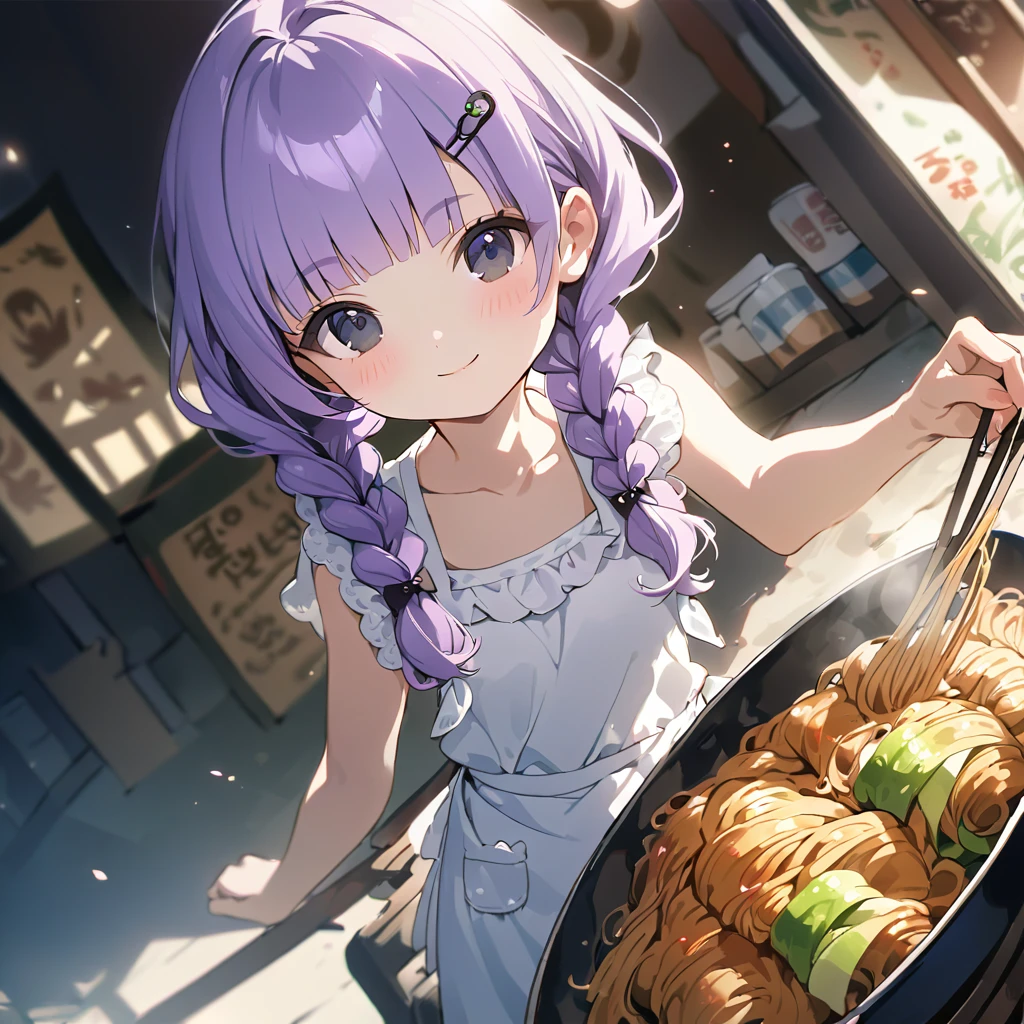 masterpiece, ultra detailed, 8K, full body shot,, a girl, kawaii, light atmosphere, (Cute a girl:1.5), (a girl with closs hair pin, pale purple hair, wavy two braids, blunt bangs hair, green and black eyes :1.4), anime visual, (tilt head:1.3), extremely delicate face, realistic lighting and shading, (an extremely delicate and beautiful art:1.3),Watercolor painting, a girl, Slender girl with small breasts, pink bikini swimsuit, pareo, smilng、She is grilling yakisoba noodles at a food stall wearing a swimsuit and an apron.