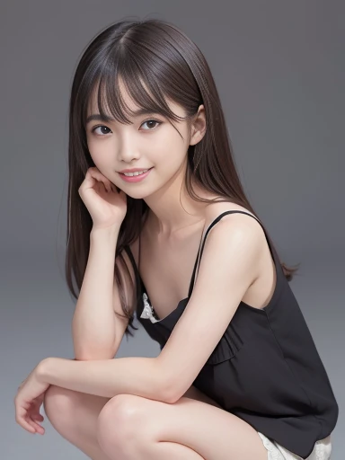 (8K),(best quality:1.5),(high resolution:1.5), model, idol, (Head to knee photo), (standing), (infantile build), ((1girl, )), (black hair), ((camisole)), ((mini skirt)), (smile)
