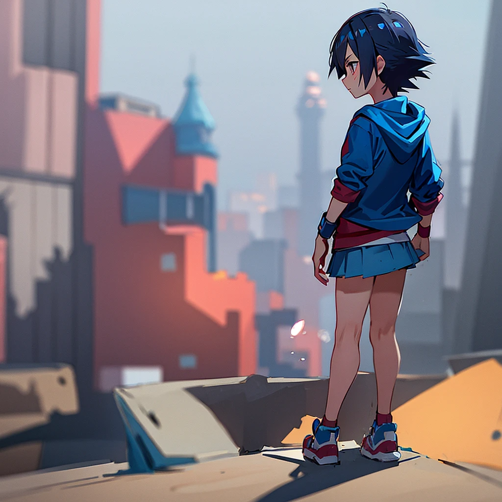 Ash Ketchum in a blue hood , tiny skirt i, pink thong( back)) againist brick wall
