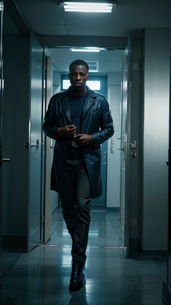 micheal was about to step into the office door, 4k realistic imagery, blue scenery like a movie scene, old american setting, inspired by blade runner movie scene, blue tone,