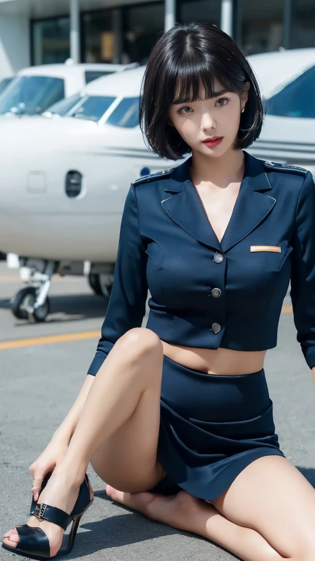 (((sexy crop dark blue flight attendant uniform with heels))) (((half body three girl foto))), detailed skin, ((asia white skin color)), detailed skin, big breasts, slim body, gigantic breasts, Slim Waist, 4K resolution,((pursed lips)) (((short hair BLACK silky bangs thick hairstyle))) ((white skin)) ((extremely detailed face)) ((extremely detailed eyes))  (((sexy body pose)))  ((outdoor background at luxury plane, passangers etc)) (((looked on camera))) look camera, ((sixpack woman)) ((model posture)), face extremely detailed, full body color photo of a 22 y.o girl, beautiful face, beautiful eyes,  ((skin details, high texture)), hand fix, finger fix, nails fix, realistic hand wrinkles, realistic eyes, octane render, simetris eyes.