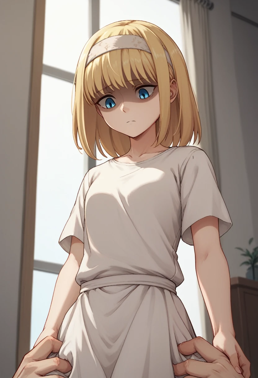 score_9, score_8_up, score_7_up, ymir fritz,1girl, solo, hairband, blonde hair, bangs, blue eyes, medium hair,shaded face,white dress, short sleeves, room, from bellow, looking down, grab, grabbig