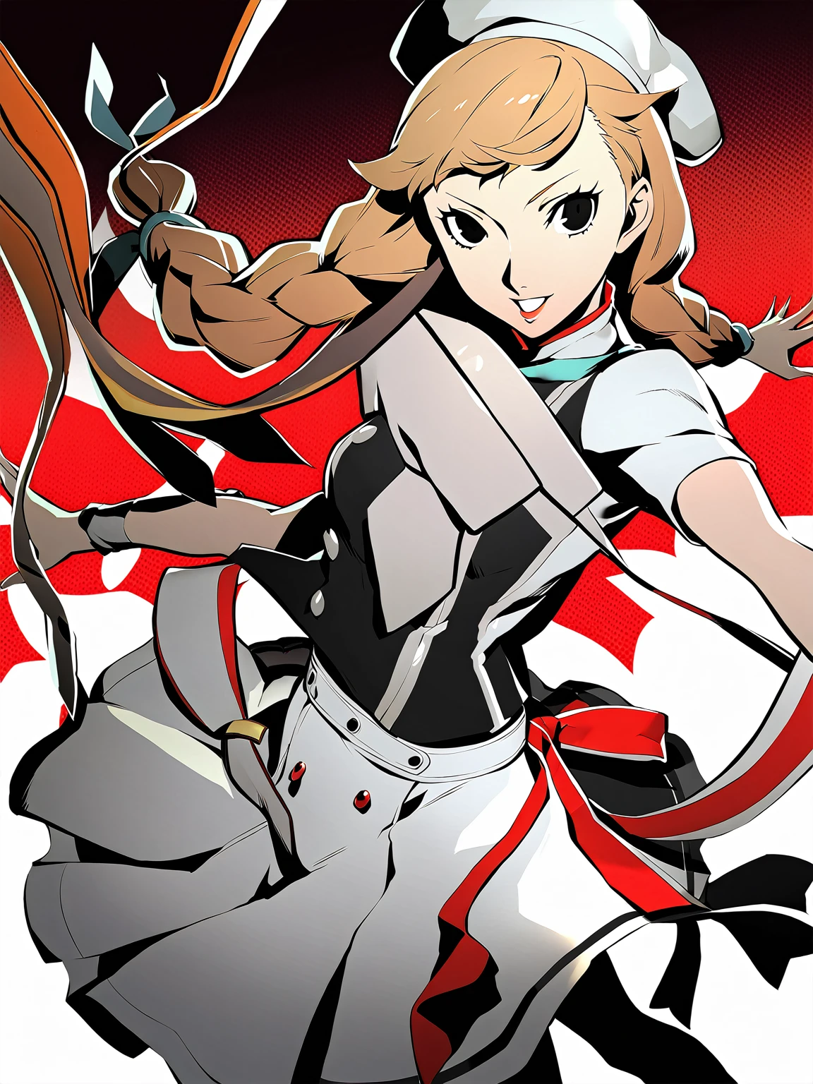 beautiful idol girl, long braids, light brown hair, black eyes, shujin academy, skirt, , Persona5 character, Taiga Asaki chef-d'œuvre, meilleure qualité, pose dynamic, pretty, lavender color, side bangs