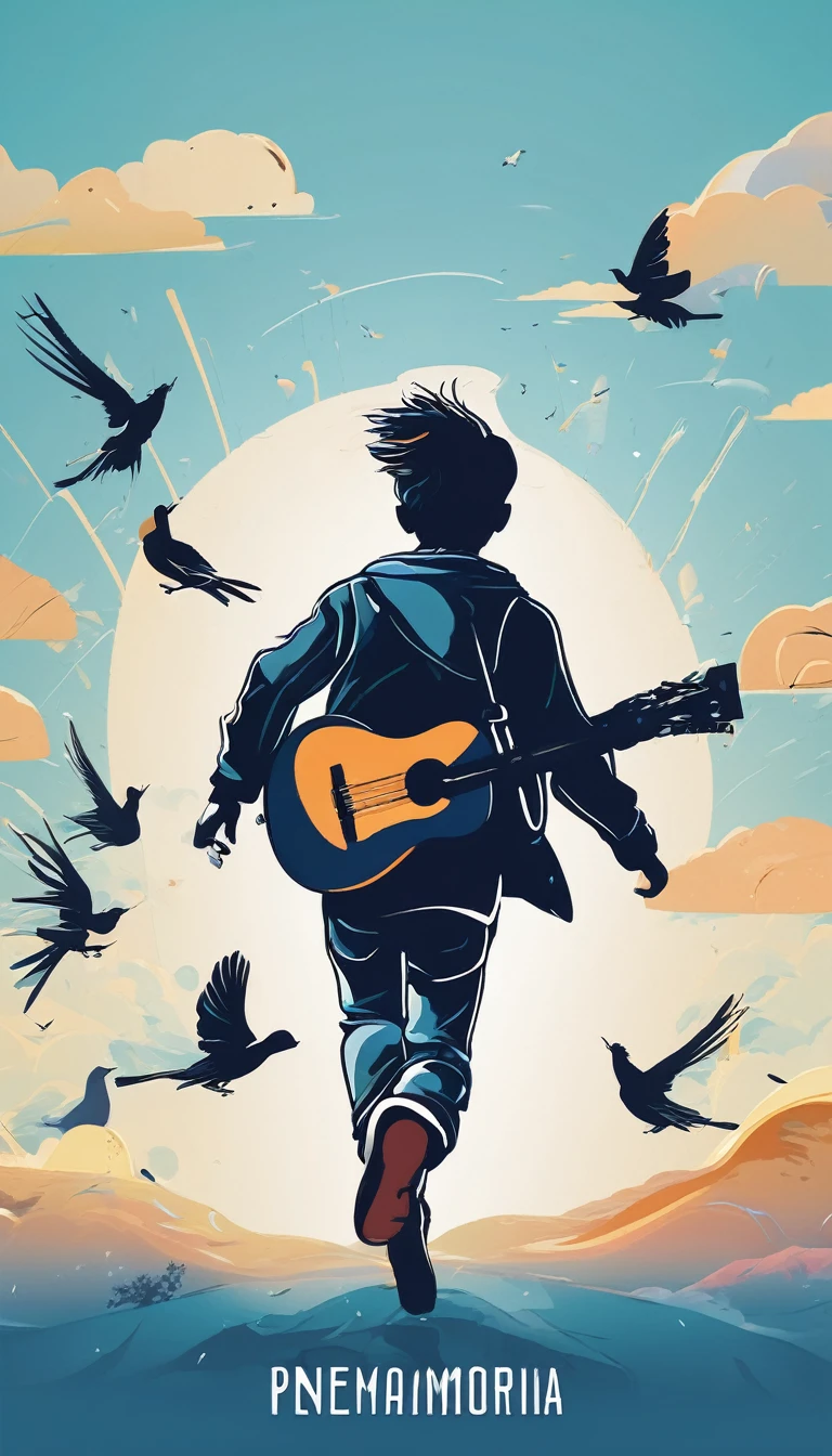 Create a professional, fantastic, cinematic Youtube Banner for a brand about music and stories called " Penamemoria". Masterpiece, 4k, sharp focus, highest quality,wide shot. The title is " Penamemoria". Is a brand about the creative, unique journey of a boy into becoming a musician storyteller. In his journey he finds inspiration in a world of birds and feathers. Minimalistic, simple, poetic, dreamy logotype at the center of the image. The Background image is a world full of fantastic feathers, unique birds, light blue sky. Logo design of a boy running happily into the horizon with an acoustic guitar in his right hand and a feather on the left hand. Boy running against the wind, almost simulating like he is flying.