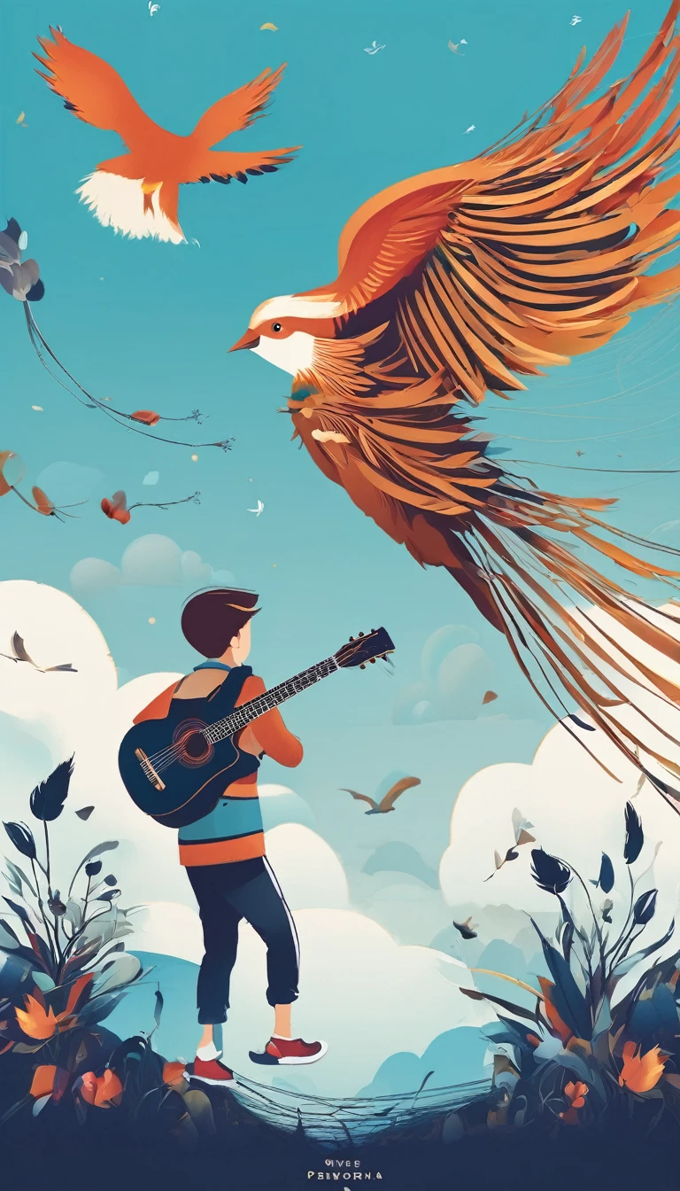 Create a professional, fantastic, cinematic Youtube Banner for a brand about music and stories called " Penamemoria". Masterpiece, 4k, sharp focus, highest quality,wide shot. The title is " Penamemoria". Is a brand about the creative, unique journey of a boy into becoming a musician storyteller. In his journey he finds inspiration in a world of birds and feathers. Minimalistic, simple, poetic, dreamy logotype at the center of the image. The Background image is a world full of fantastic feathers, unique birds, light blue sky. Logo design of a boy running happily into the horizon with an acoustic guitar in his right hand and a feather on the left hand. Boy running against the wind, almost simulating like he is flying.