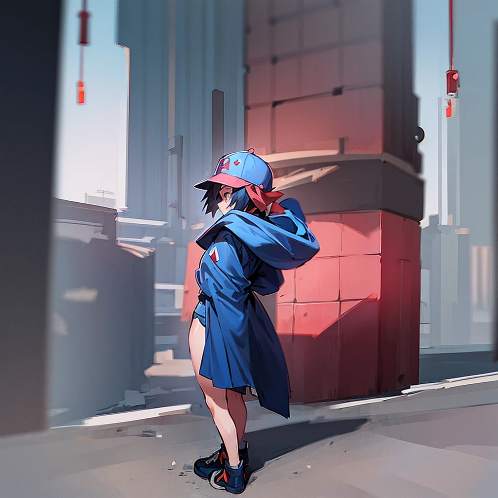 Ash Ketchum in a blue hood , tiny skirt i, pink thong( back)) againist  brick wall