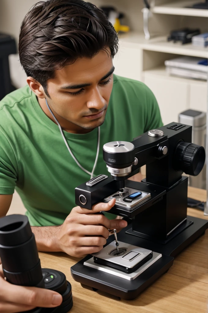 A men Mobile phone Repairing with using microscope 