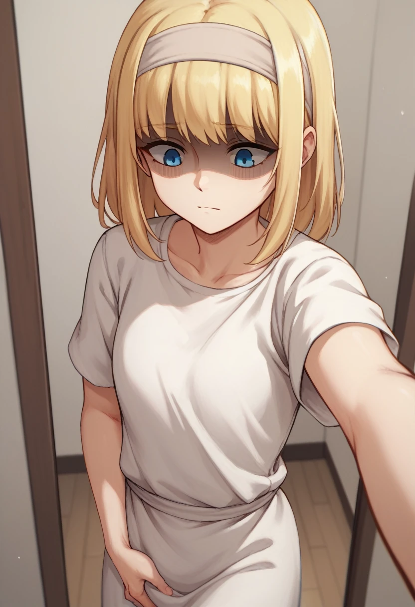 score_9, score_8_up, score_7_up, ymir fritz,1girl, solo, hairband, blonde hair, bangs, blue eyes, medium hair,shaded face,white dress, short sleeves, room, from bellow, looking down, grab, grabbing, selfie, 