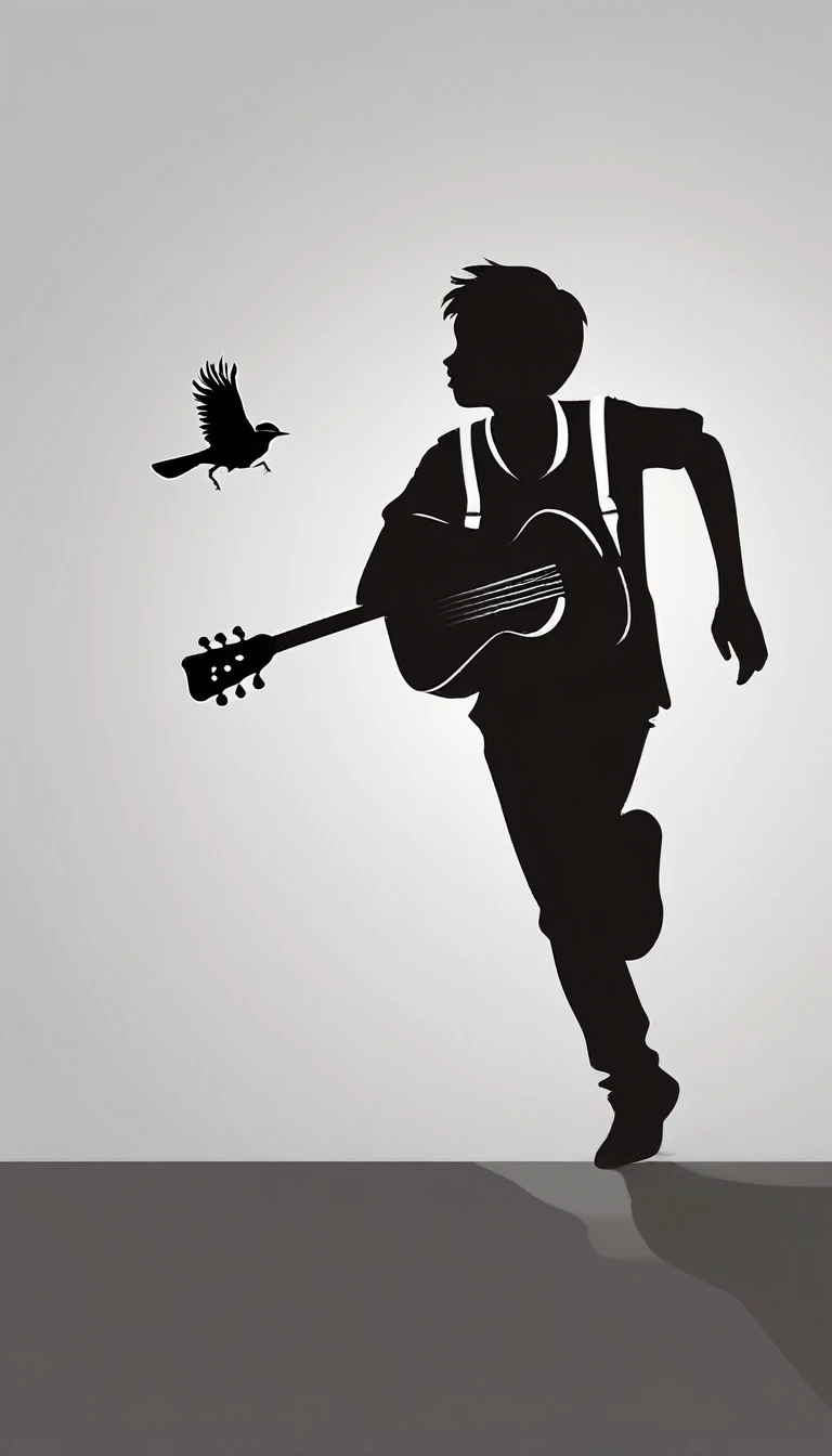 Create a modern, minimalistic logo design for a brand about music and movies. The logo must be in minimalistic style and convey a sense of storytelling. The logo is the silhouette of a boy and a bird. The boy is running with open arms, holding an acoustic guitar in the right hand and a bird feather in the left hand.