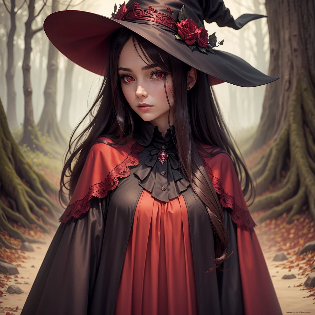 Best quality, A high resolution,A woman in witch clothes, dark red clothes, better resolution, better quality, detailed, long dark hair,