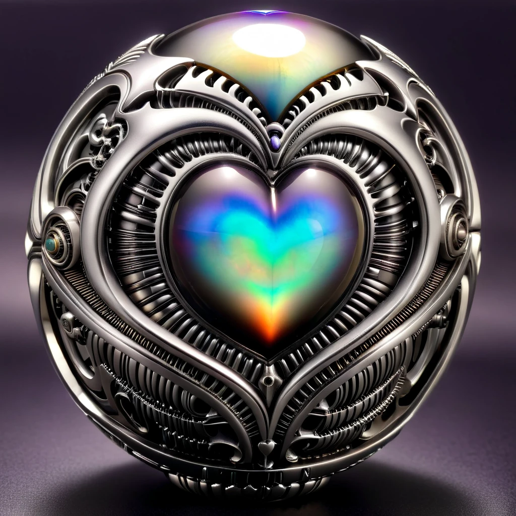 a pure black and opal mechanical orb, giger style, silvercarvingcd_xl , rainbow heart aura,