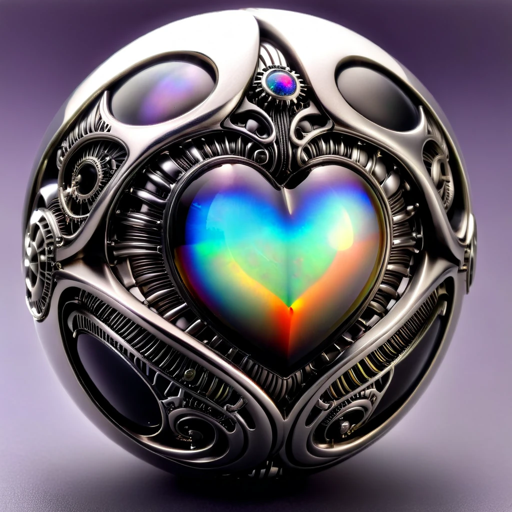 a pure black and opal mechanical orb, giger style, silvercarvingcd_xl , rainbow heart aura,