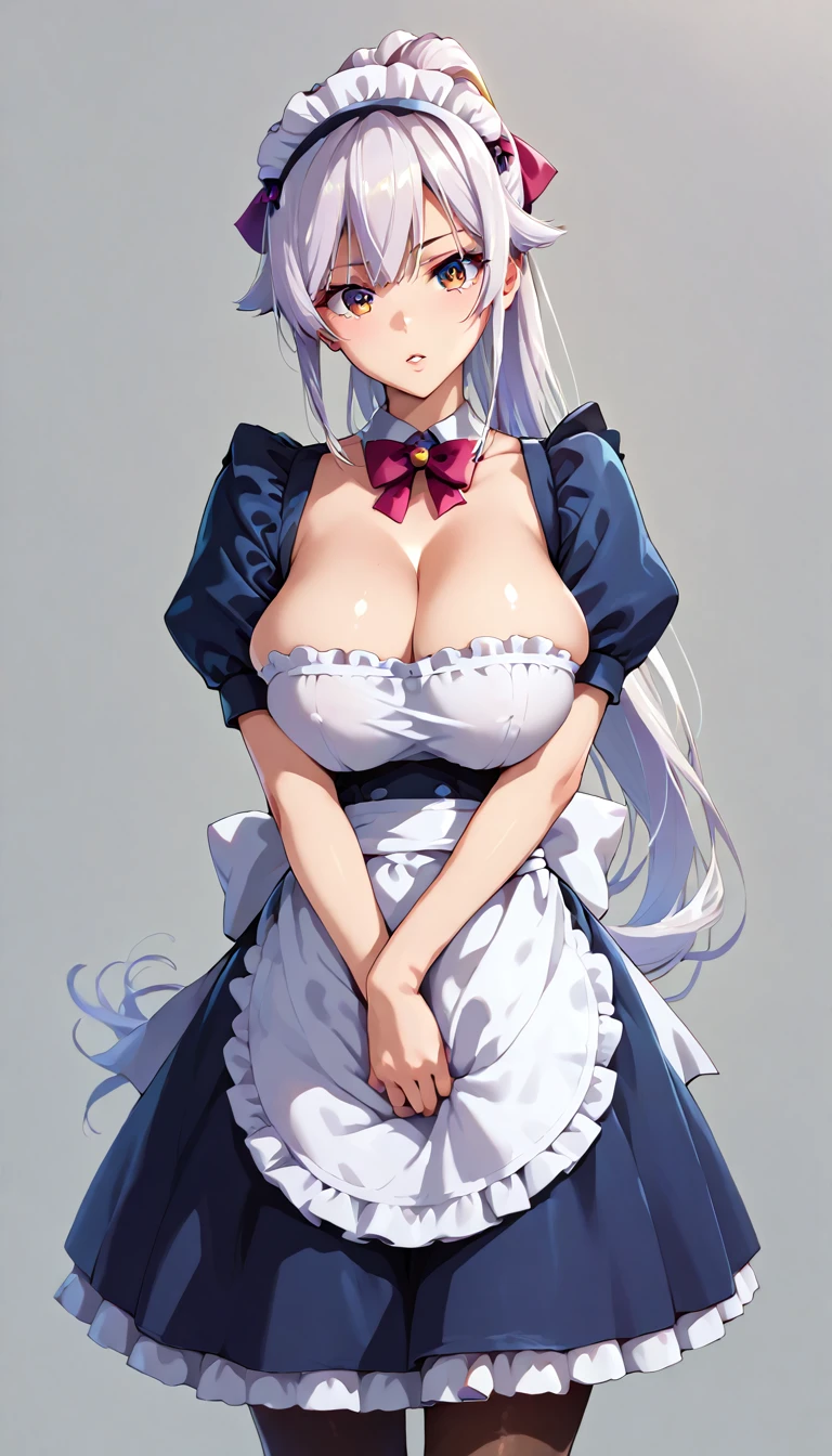 (masterpiece, best quality, ultra-detailed, high resolution, detailed eyes), takeda hiromitsu style, (1woman), (maid), big eyes, curvy body, large breasts, tall, long white hair, wavy ponytail