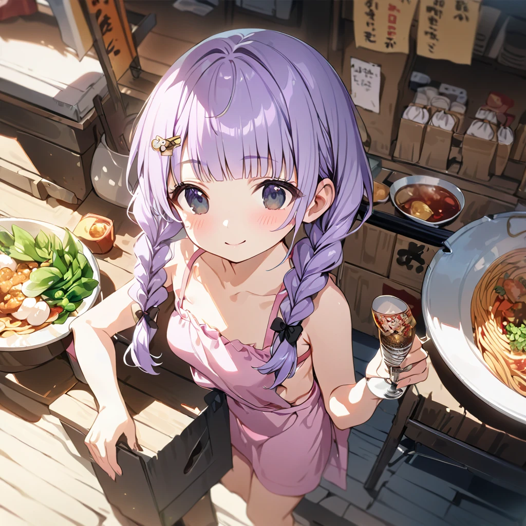 masterpiece, ultra detailed, 8K, full body shot,, a girl, kawaii, light atmosphere, (Cute a girl:1.5), (a girl with closs hair pin, pale purple hair, wavy two braids, blunt bangs hair, green and black eyes :1.4), anime visual, (tilt head:1.3), extremely delicate face, realistic lighting and shading, (an extremely delicate and beautiful art:1.3),Watercolor painting, a girl, Slender girl with small breasts, pink bikini swimsuit, pareo, smilng、She is grilling yakisoba noodles at a food stall wearing a swimsuit and an apron.