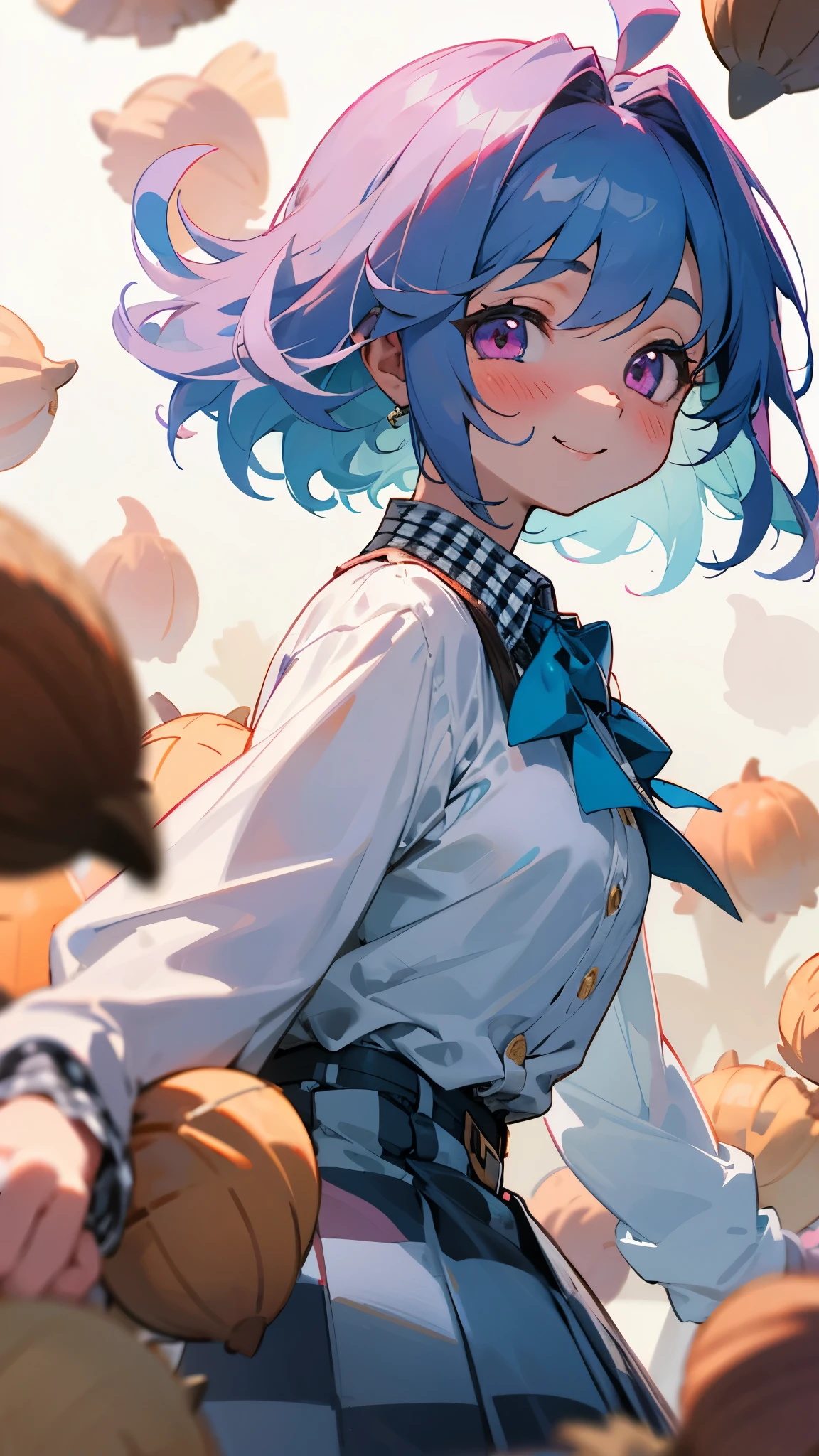 16-year-old girl、Light blue hair、Pink Eyes、smile、blush、Small breasts、From the side、A lot of acorns、white blouse shirt、Checked mini skirt、Upper body close-up