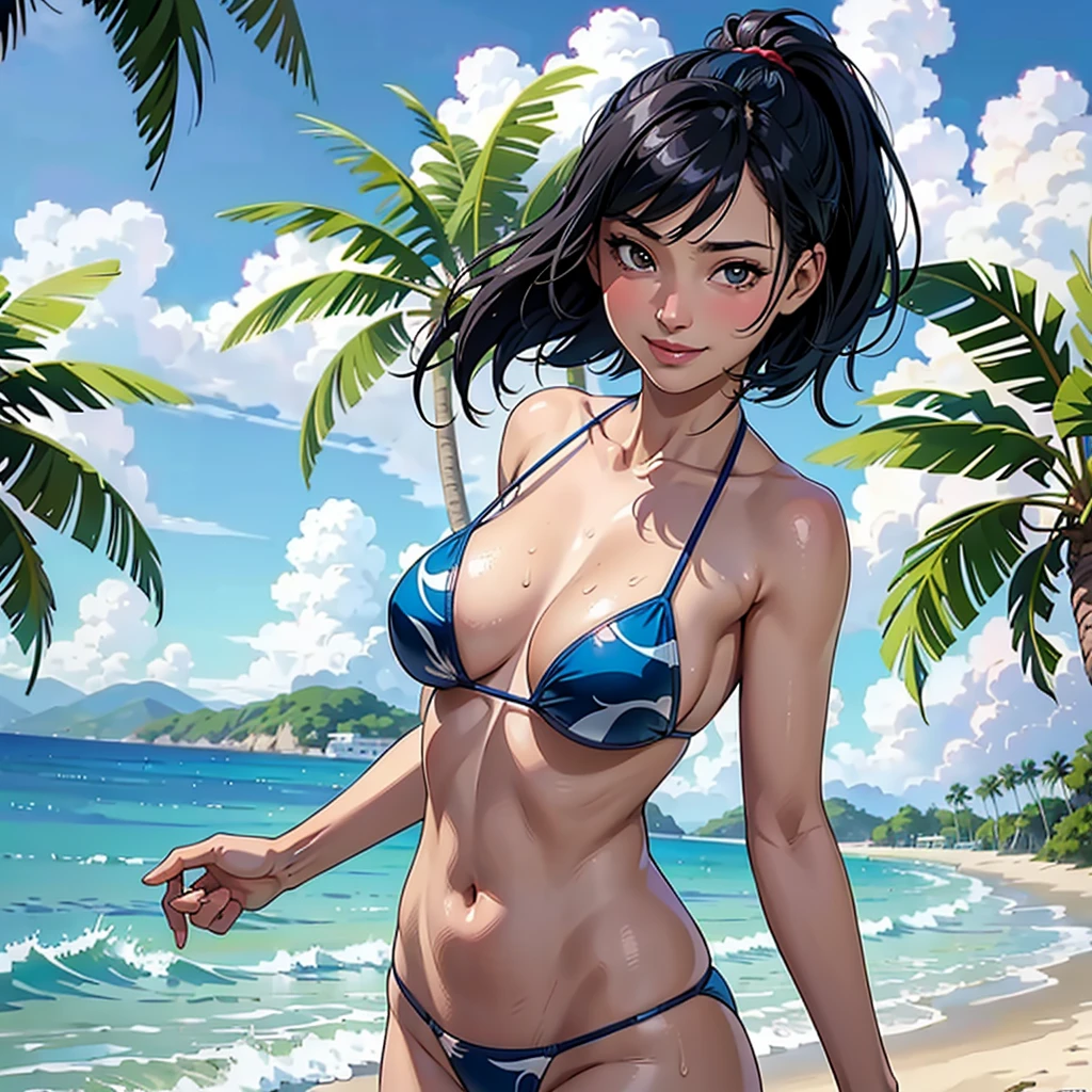 ((highest quality, masterpiece, High resolution)), ((reality)),Photos of beautiful Japanese women,((anime art))、 (((1 girl))), normal size breasts, slim body shape,  medium short hair, double eyelid, Wet see-through micro bikini,  A pareo with bold ethnic patterns and plenty of primary colors、realistic skin、Wet,whole body,cinematic light、tropical、Against the background of palm trees on both sides、on a sunny beach、With the sea in the background、blur background、smile